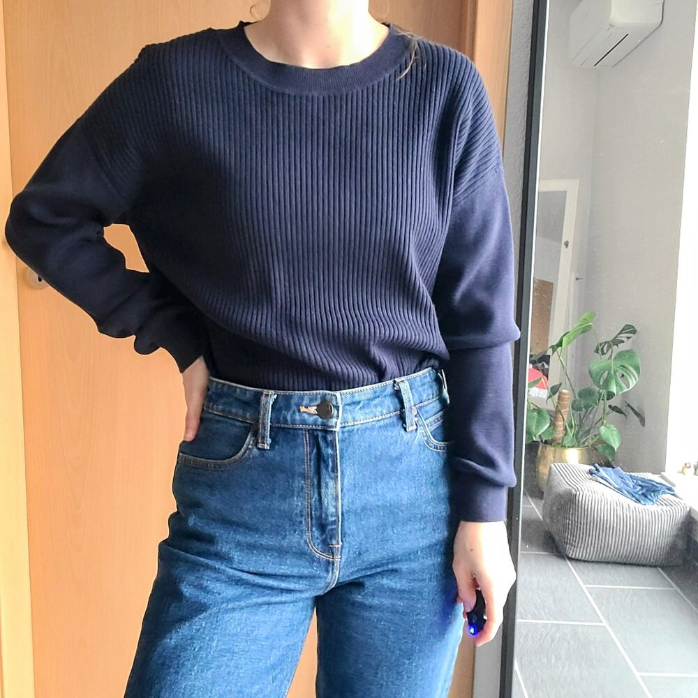 Reiss Navy Blue Silk Blend Ribbed Knit Long Sleeve Tunic Sweater Size Small